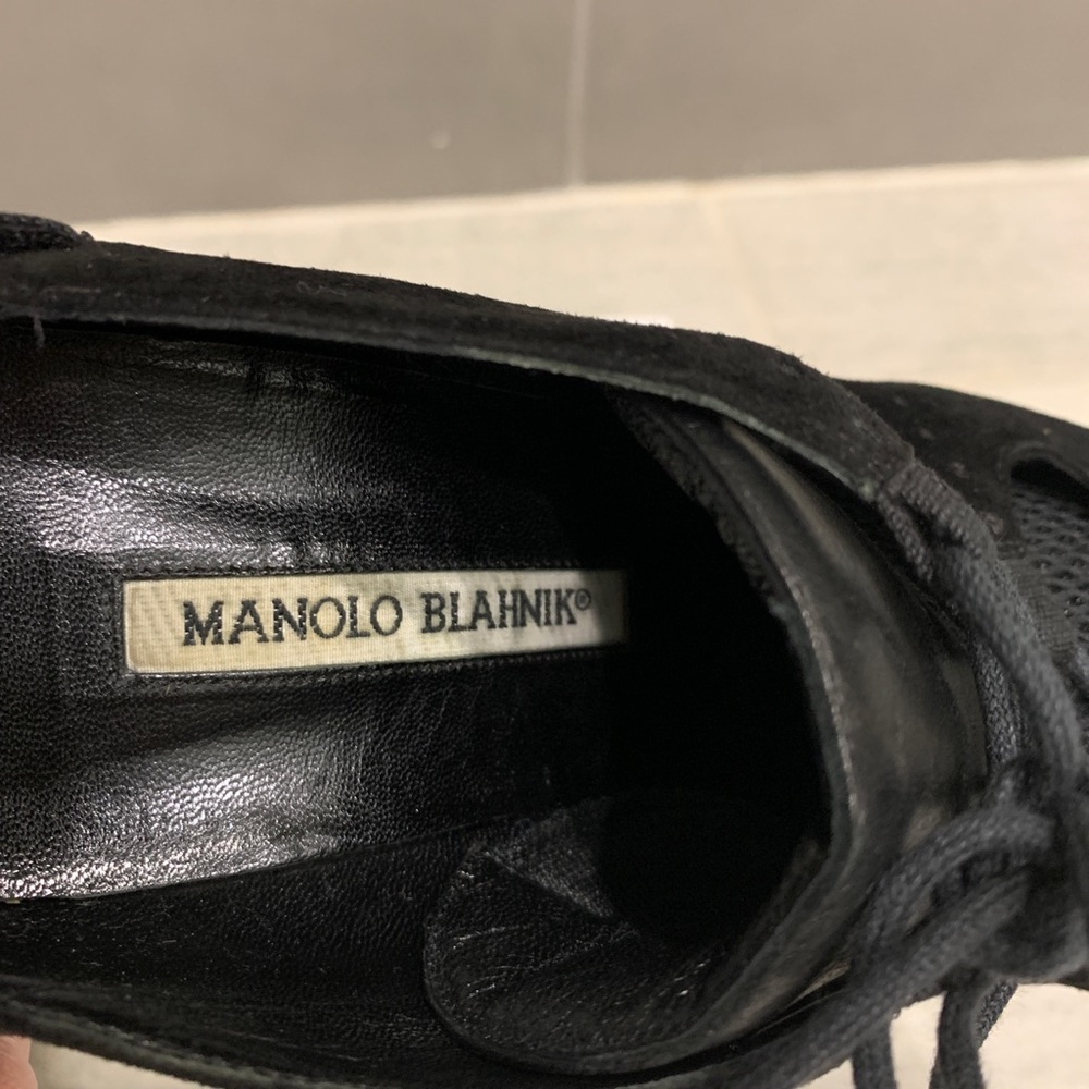 CONSIGNED. Manolo Blahnik Suede Heels with Mesh Overlay - Picture 13 of 16